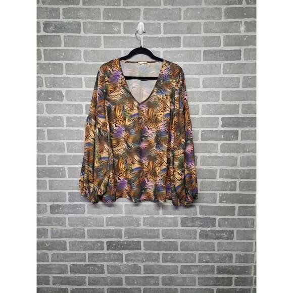 Cotton Bleu Womens Tiger Jungle Print Pullover Balloon Sleeve Blouse‎ Size 1X - Picture 2 of 12
